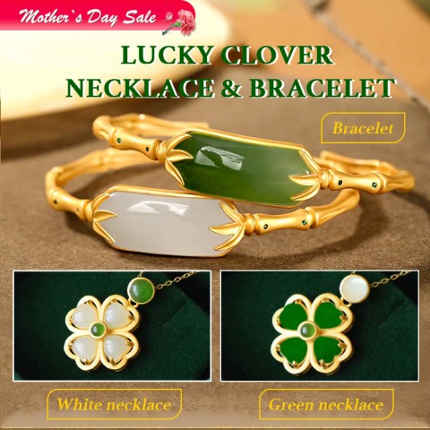 24K Vietnam Sand Gold Hetian Jade Four-leaf Clover Necklace and Bracelet