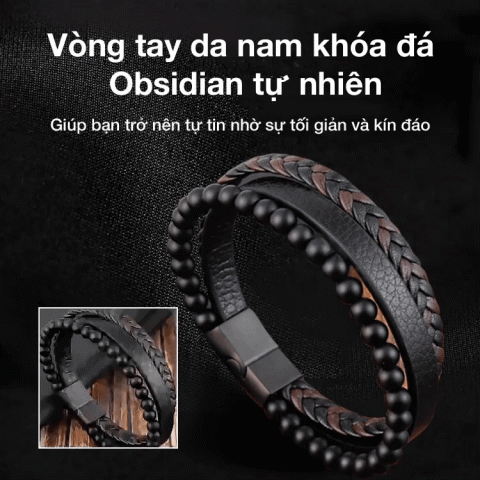 Vòng tay da khóa đá Obsidian tự nhiên