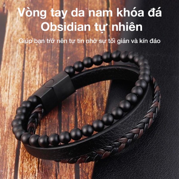 Vòng tay da khóa đá Obsidian tự nhiên