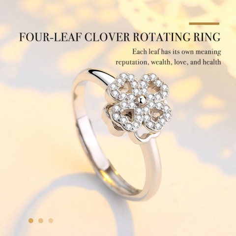 925 Sterling Silver "Heart to Heart" Four Leaf Clover Rotating Ring