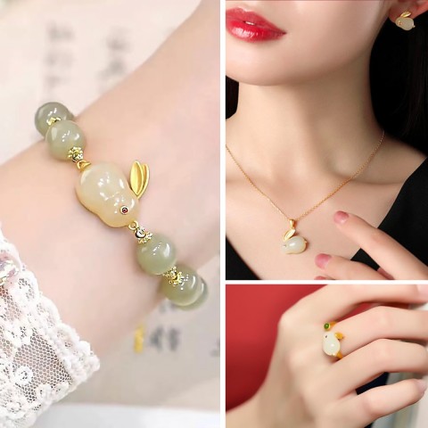 Rabbit HeTian jade lucky jewelry set