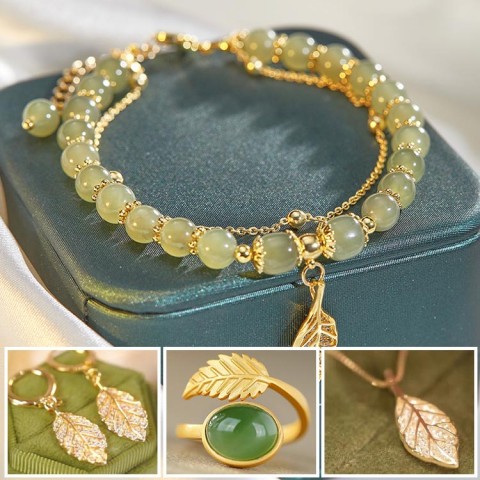  Gold Branch And Jade Leaf Jewelry Set