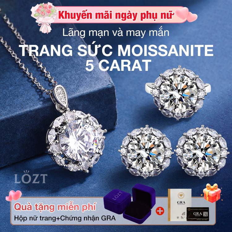 khuyến mãi ngày phụ nữ - Tỏa sáng cả ngày - Bộ trang sức Moissanite 5 Carat - Giấy chứng nhận GRA, hộp quà tặng miễn phí