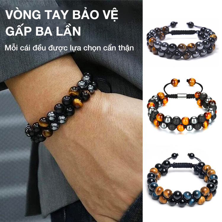 Vòng tay bảo vệ ba lần-Obsidian đen và Hematite mắt hổ chính hãng