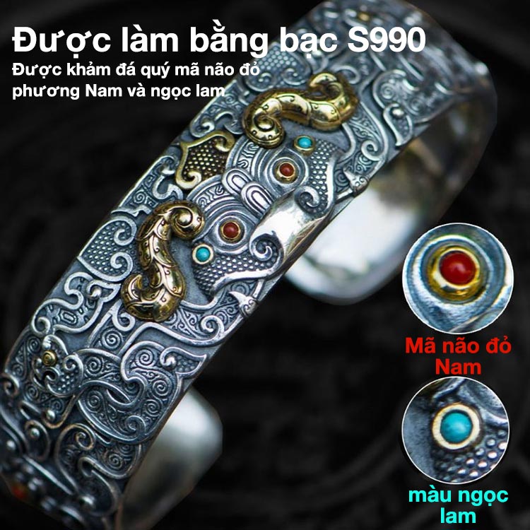 Thúc đẩy sự giàu có và bảo vệ hòa bình - Vòng tay bạc Sterling hình động vật thần thoại độc đoán - Kích thước có thể điều chỉnh, có hộp đựng trang sức