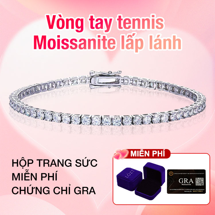 Vòng tay Tennis Moissanite 3mm lấp lánh kèm hộp trang sức miễn phí. Chứng nhận GRA. Chiều dài dây 20cm