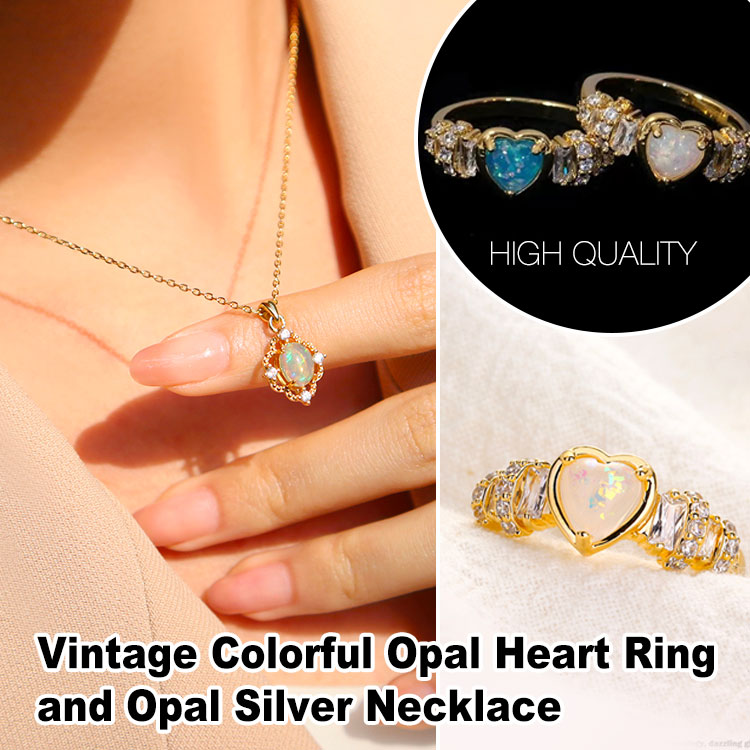 Vintage Colorful Opal Heart Ring And Opal Silver Necklace